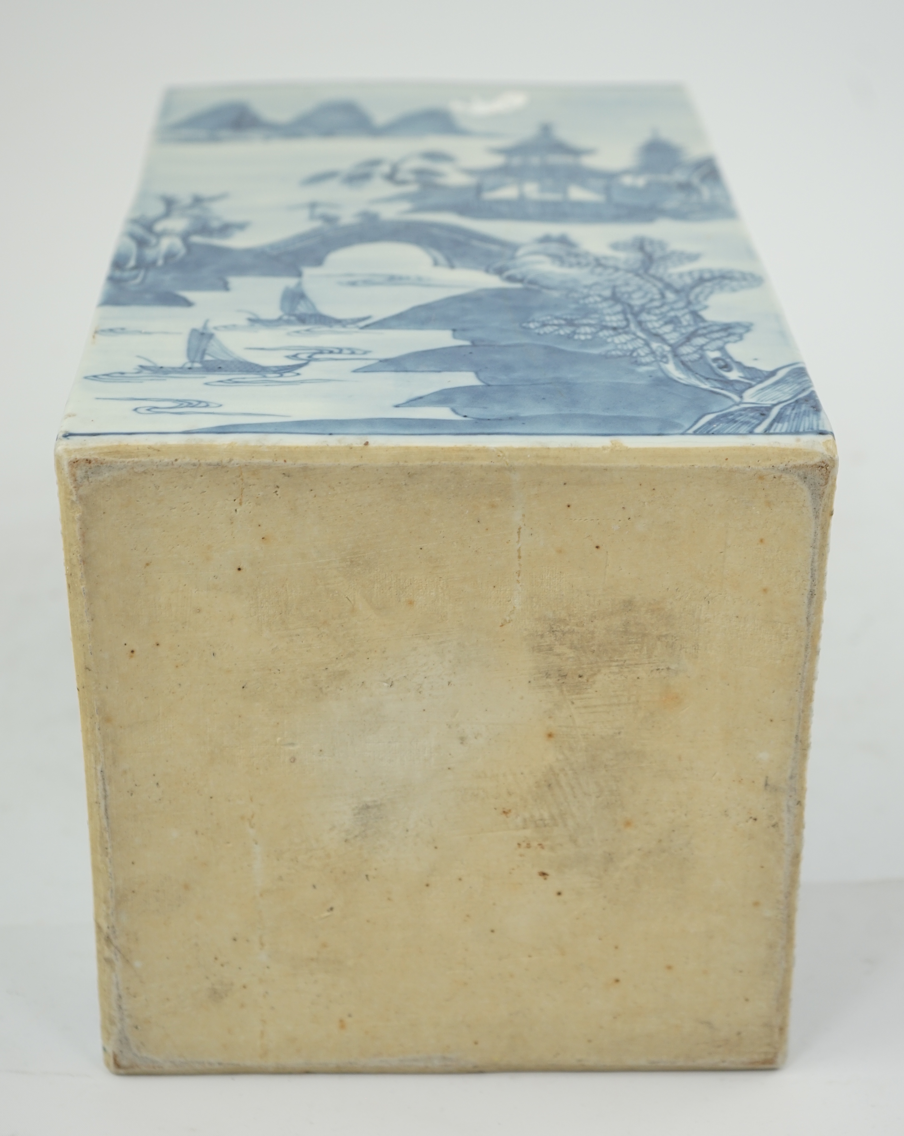 A Chinese blue and white square section tea jar, Qianlong period, metal cover, 36cm high., Condition - good, cover split